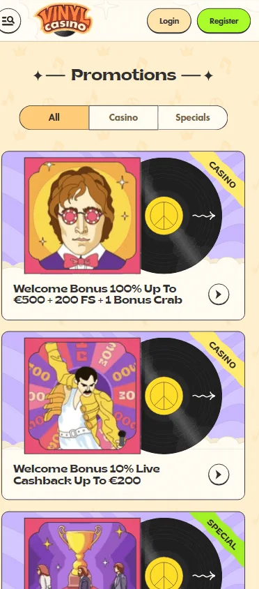 Vinyl Casino mobile browser promotions area with casino offers
