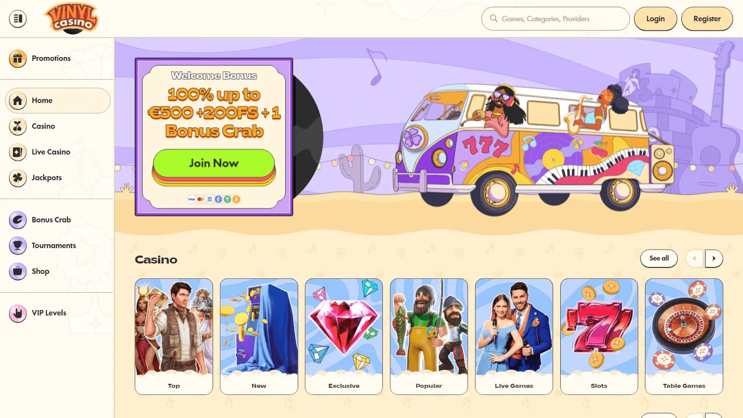 Vinyl Casino desktop home screen with casino access and account features