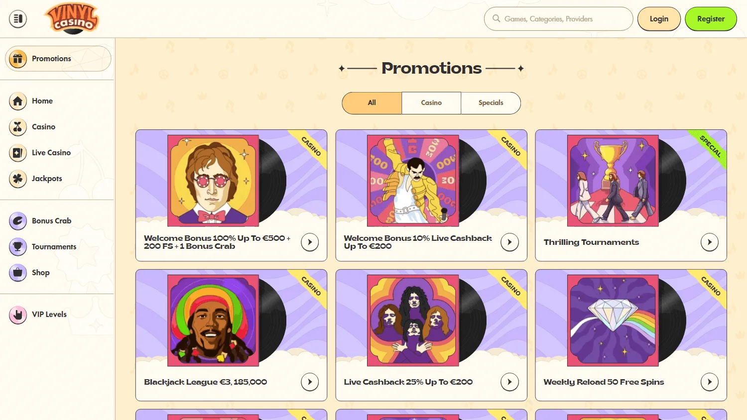 Vinyl Casino desktop promotions area with welcome and reload offers