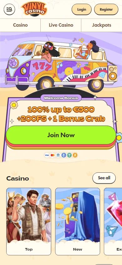 Vinyl Casino mobile browser home screen