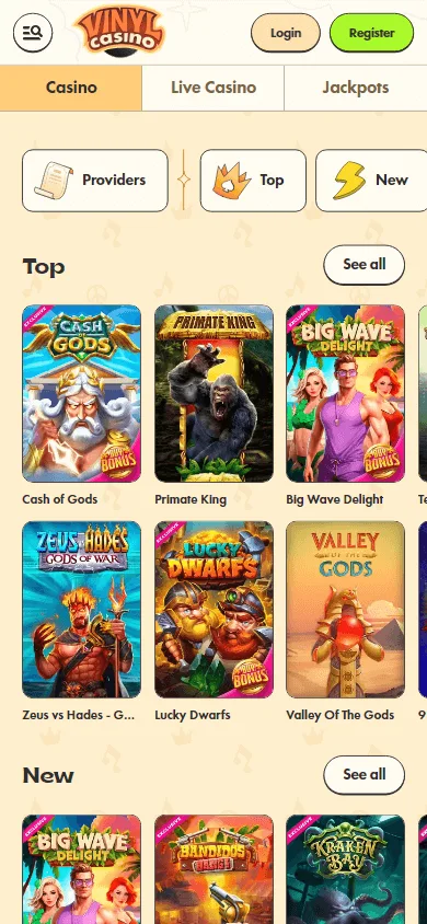 Vinyl Casino mobile browser games area with casino categories