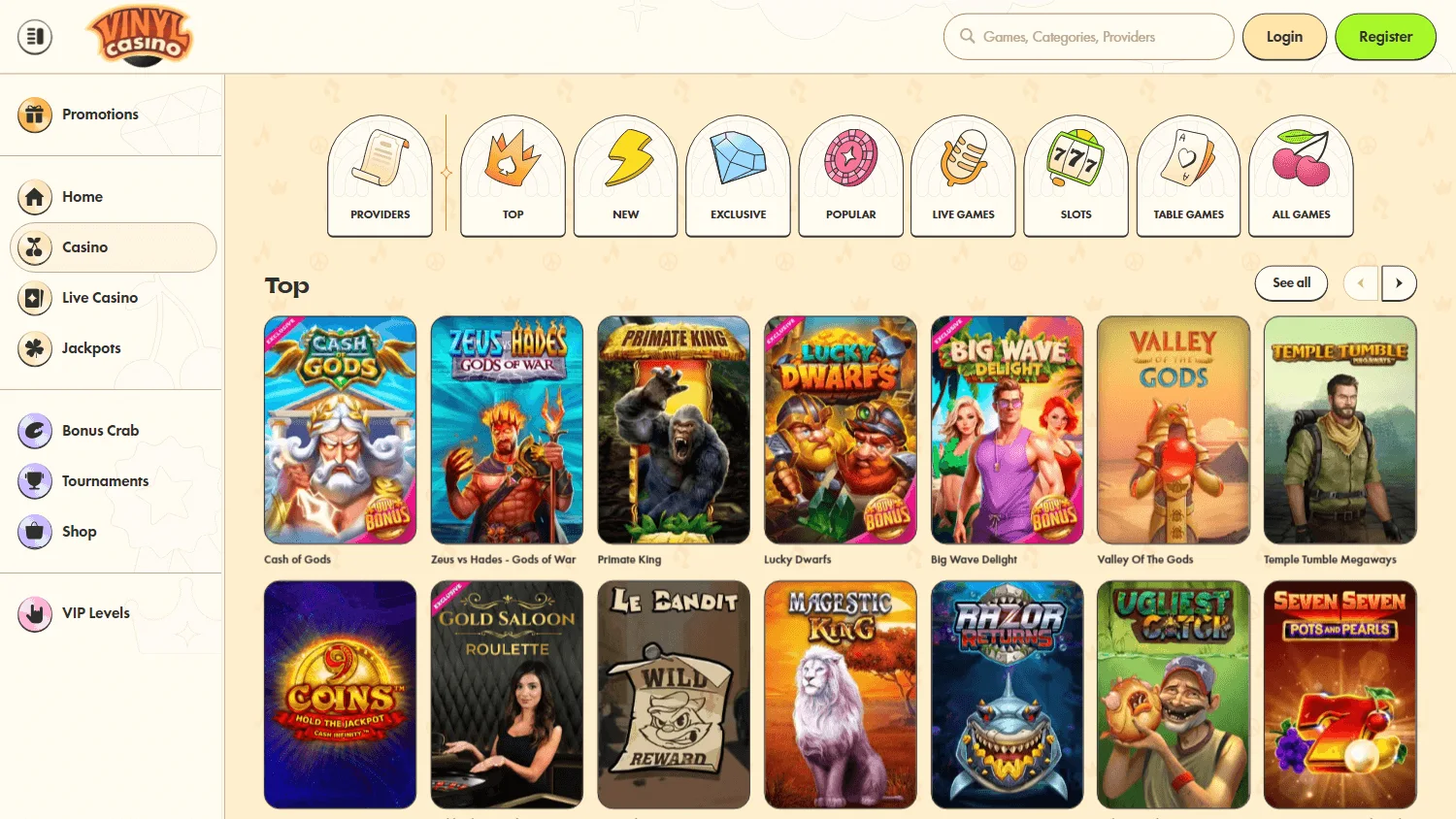 Vinyl Casino desktop games area with slots and live casino categories